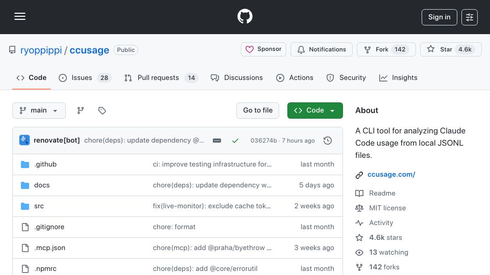 Screenshot of github.com: Ccusage: A CLI tool for analyzing Claude Code usage from local JSONL files