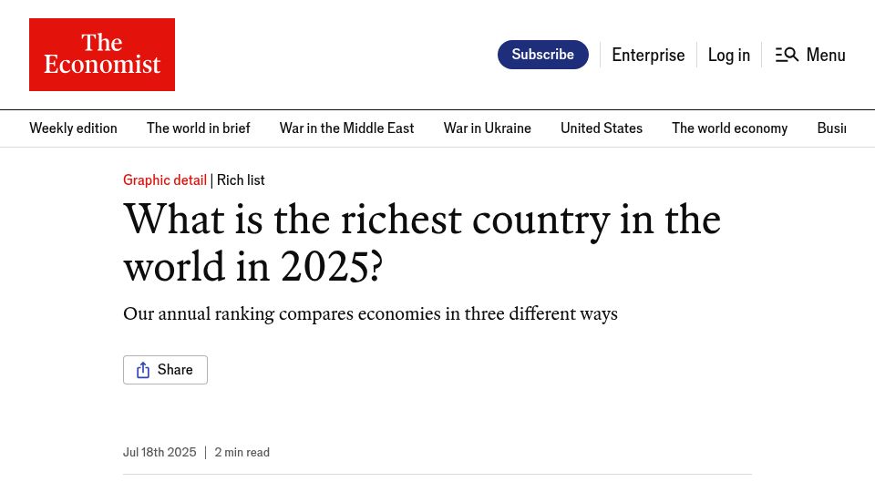 Screenshot of economist.com: What is the richest country in 2025?