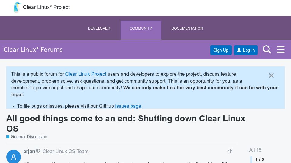 Screenshot of community.clearlinux.org: Shutting Down Clear Linux OS