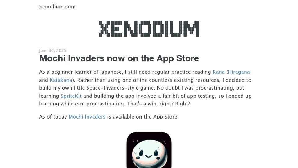 Screenshot of xenodium.com: Show HN: Mochi Invaders – Like Space Invaders but for Practicing Japanese Kana