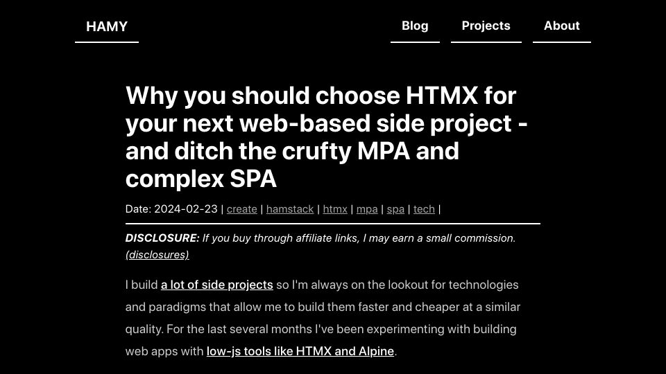 Screenshot of hamy.xyz: Why you should choose HTMX for your next web-based side project (2024)
