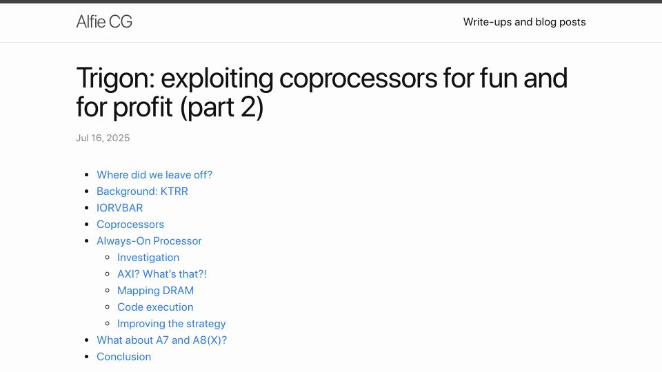 Screenshot of alfiecg.uk: Trigon: Exploiting coprocessors for fun and for profit (part 2)