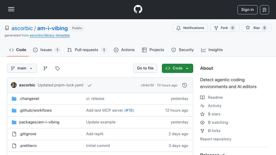 Screenshot of github.com: Show HN: Am-I-vibing, detect agentic coding environments