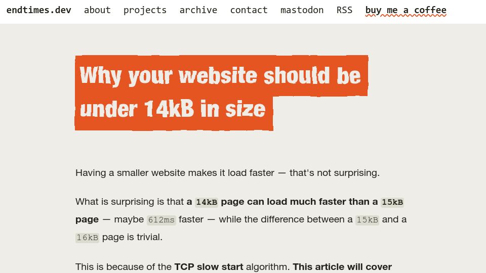 Screenshot of endtimes.dev: A 14kb page can load much faster than a 15kb page (2022)