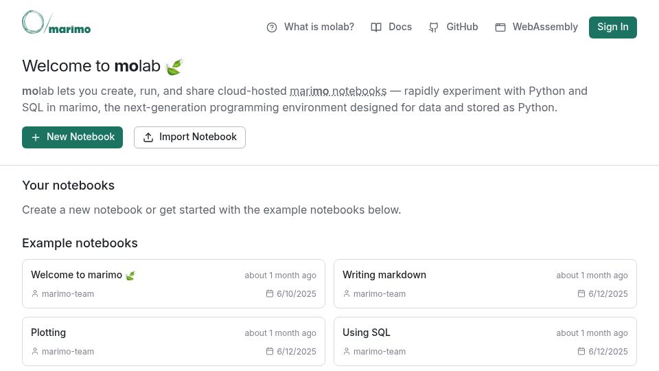 Screenshot of molab.marimo.io: Show HN: Molab, a cloud-hosted Marimo notebook workspace