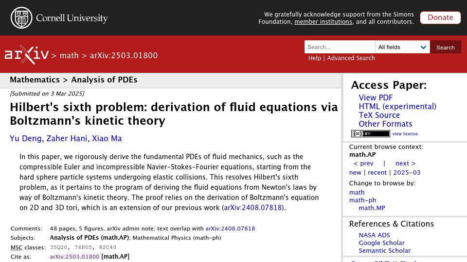 Screenshot of arxiv.org: Hilbert's sixth problem: derivation of fluid equations via Boltzmann's theory