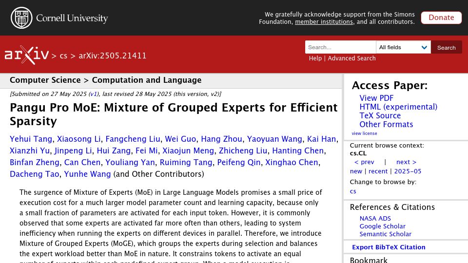 Screenshot of arxiv.org: Huawei releases an open weight model trained on Huawei Ascend GPUs