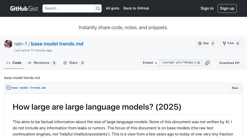 Screenshot of gist.github.com: How large are large language models?
