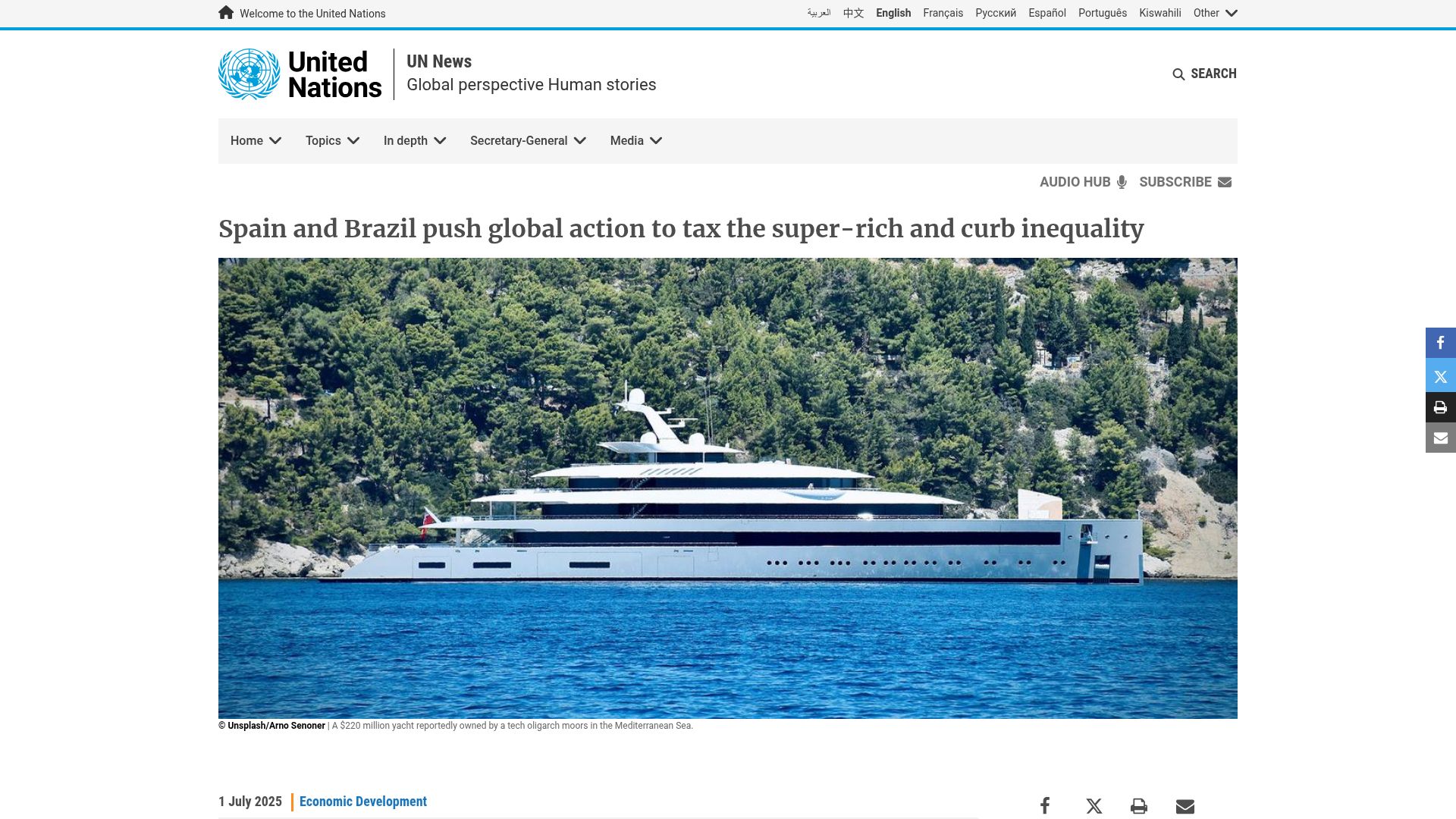 Screenshot of news.un.org: Spain and Brazil push global action to tax the super-rich and curb inequality