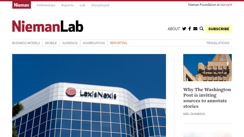 Screenshot of niemanlab.org: Law360 mandates reporters use AI "bias" detection on all stories