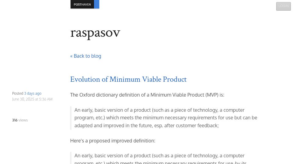 Screenshot of raspasov.posthaven.com: Evolution of Minimum Viable Product