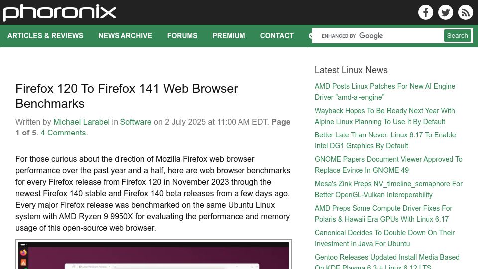 Screenshot of phoronix.com: Firefox 120 to Firefox 141 Web Browser Benchmarks