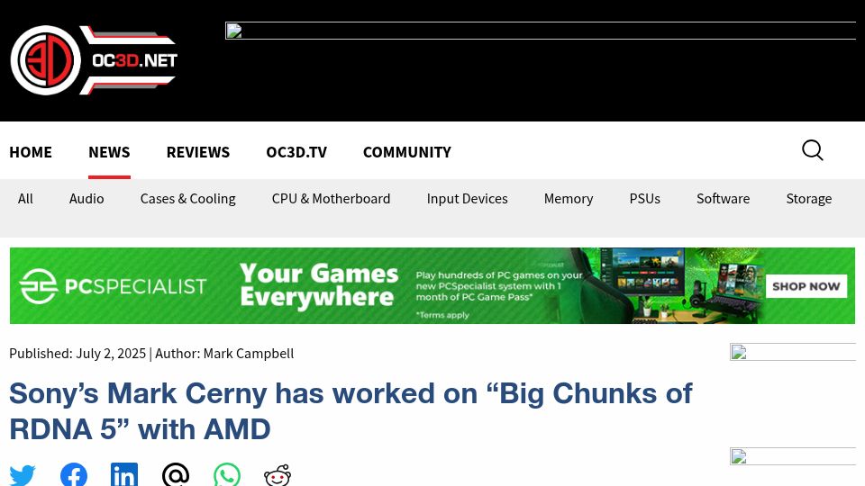 Screenshot of overclock3d.net: Sony's Mark Cerny Has Worked on "Big Chunks of RDNA 5" with AMD
