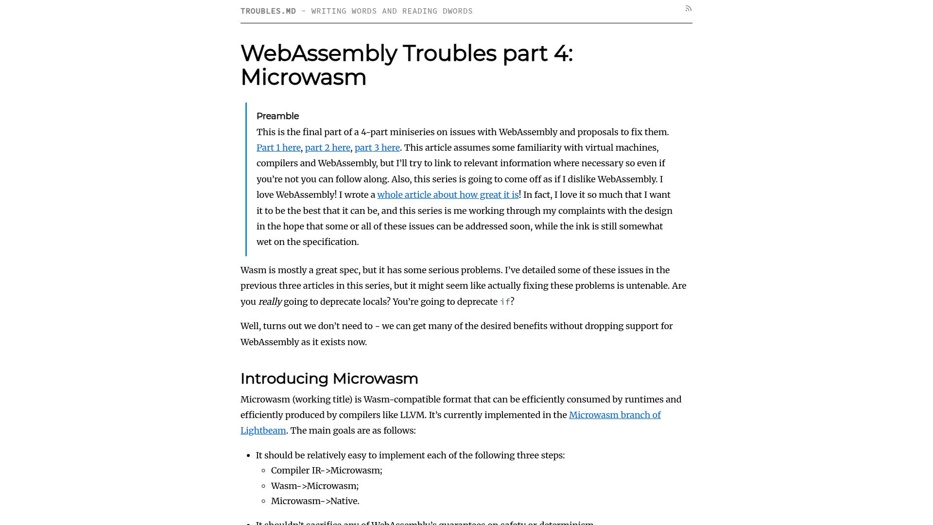 Screenshot of troubles.md: WebAssembly Troubles part 4: Microwasm (2019)