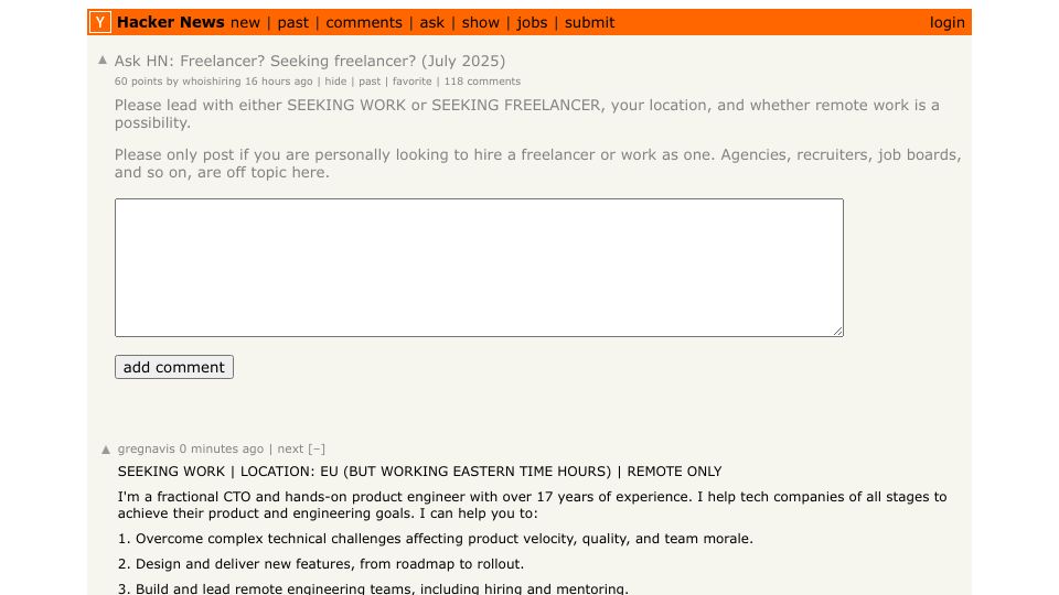 Screenshot of Hacker News post: Ask HN: Freelancer? Seeking freelancer? (July 2025)