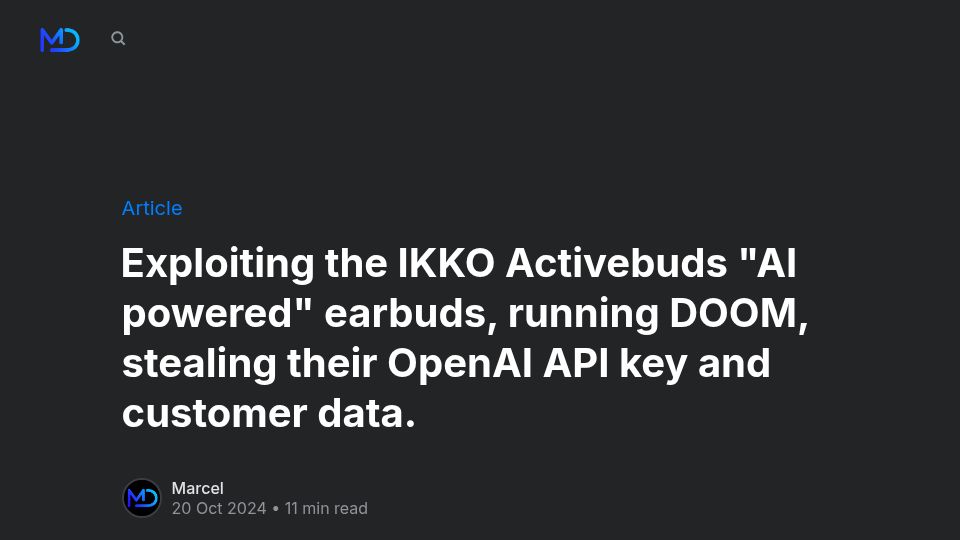 Screenshot of blog.mgdproductions.com: Exploiting the IKKO Activebuds “AI powered” earbuds (2024)