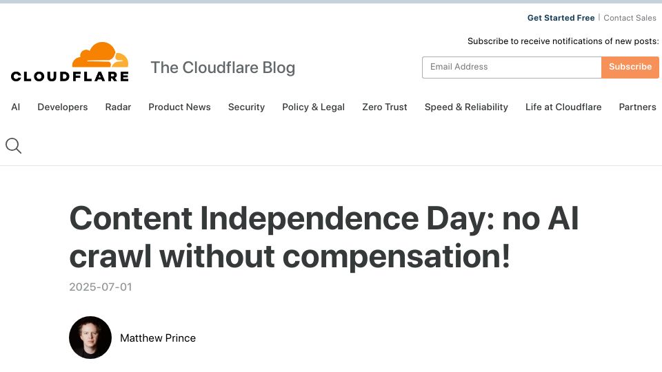 Screenshot of blog.cloudflare.com: Content Independence Day: no AI crawl without compensation