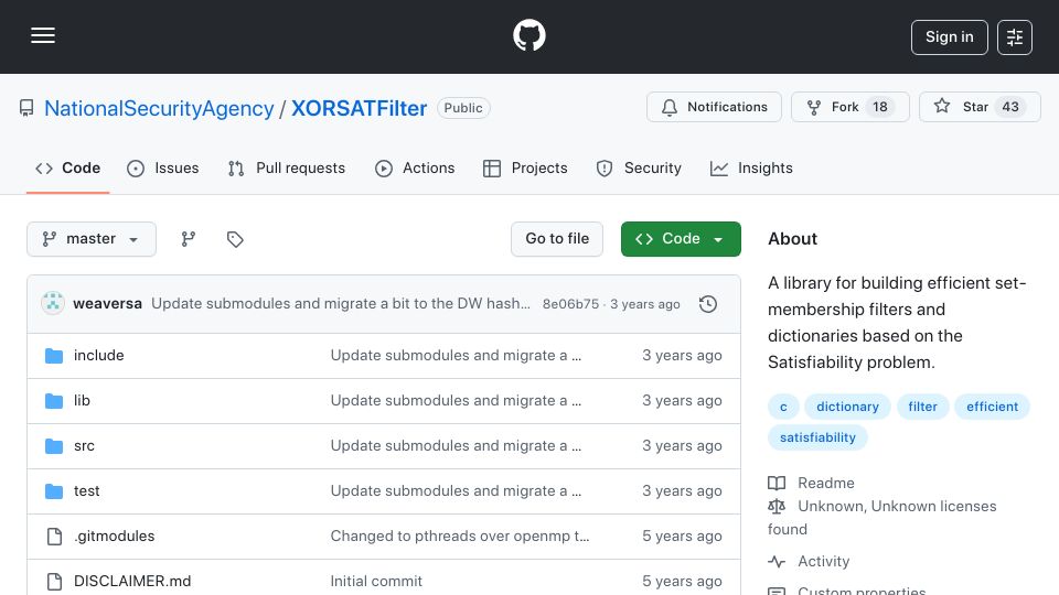 Screenshot of github.com: Efficient set-membership filters and dictionaries based on SAT