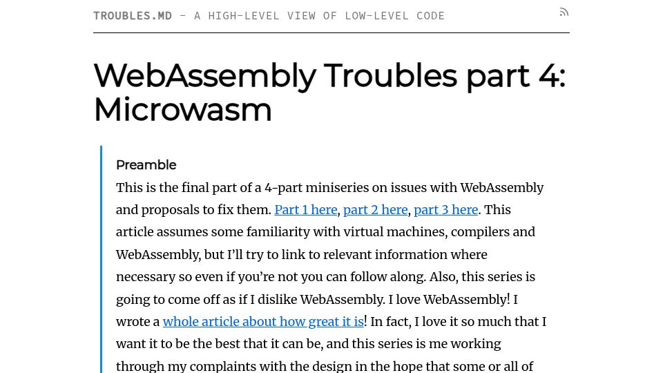 Screenshot of troubles.md: WebAssembly Troubles part 4: Microwasm (2019)