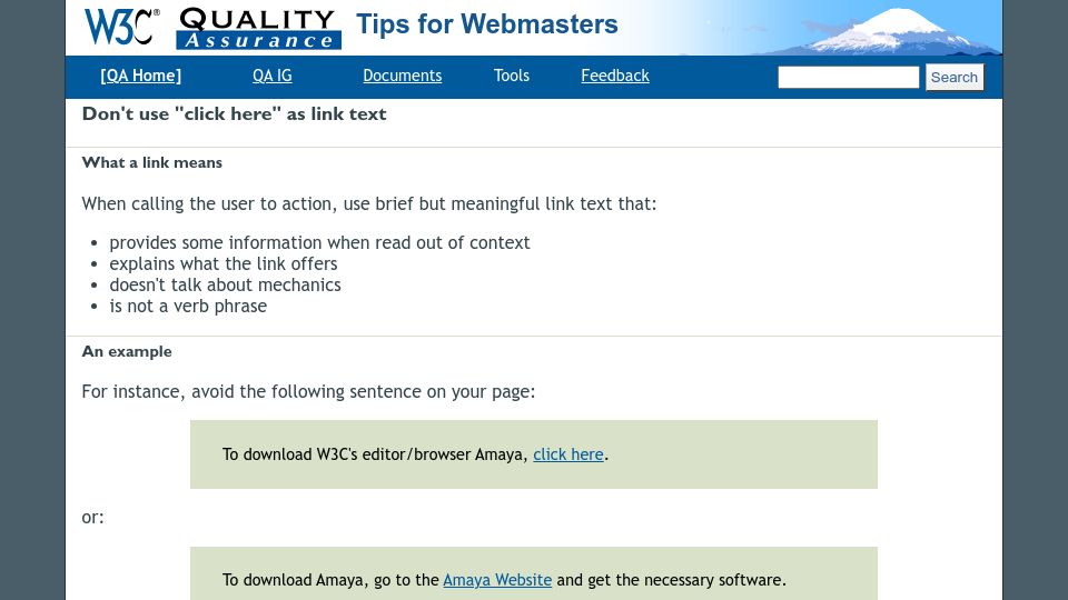 Screenshot of w3.org: Don’t use “click here” as link text (2001)