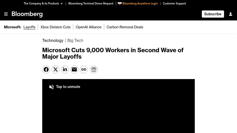 Screenshot of bloomberg.com: Microsoft to Cut 9k Workers in Second Wave of Major Layoffs