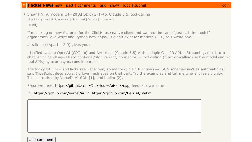 Screenshot of Hacker News post: Show HN: A modern C++20 AI SDK (GPT‑4o, Claude 3.5, tool‑calling)