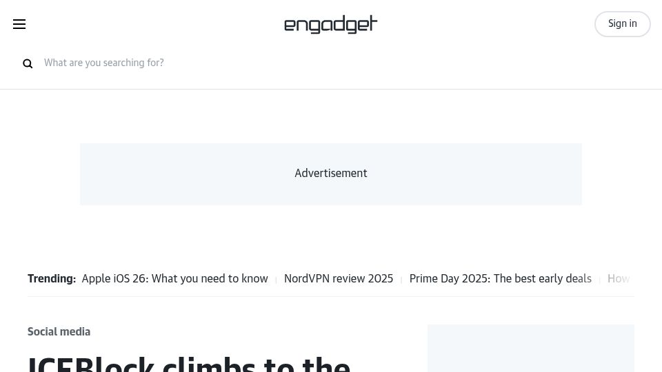 Screenshot of engadget.com: ICEBlock climbs to the top of the App Store charts after officials slam it