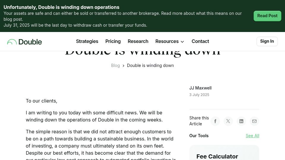 Screenshot of double.finance: Double is winding down