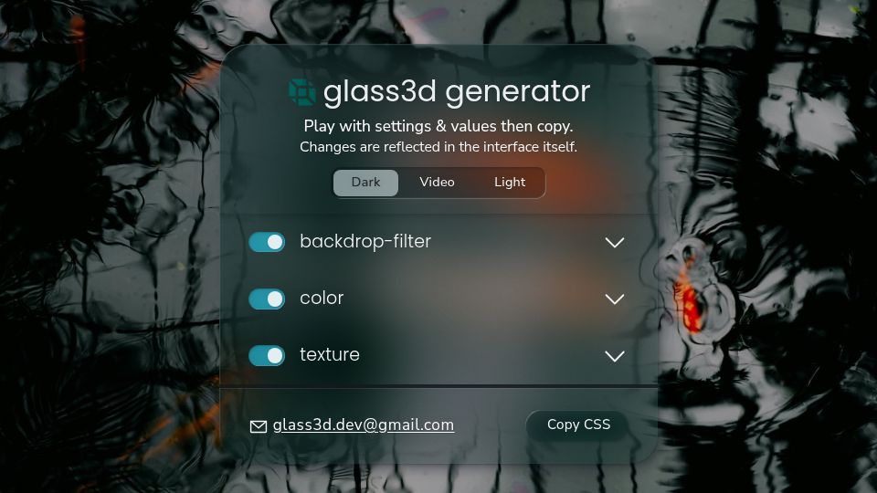 Screenshot of glass3d.dev: Show HN: CSS generator for a high-def glass effect