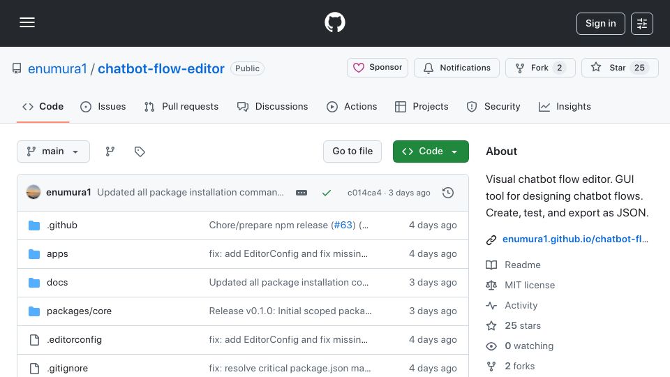 Screenshot of github.com: Chatbot Flow Editor – Visual tool for designing conversation flows