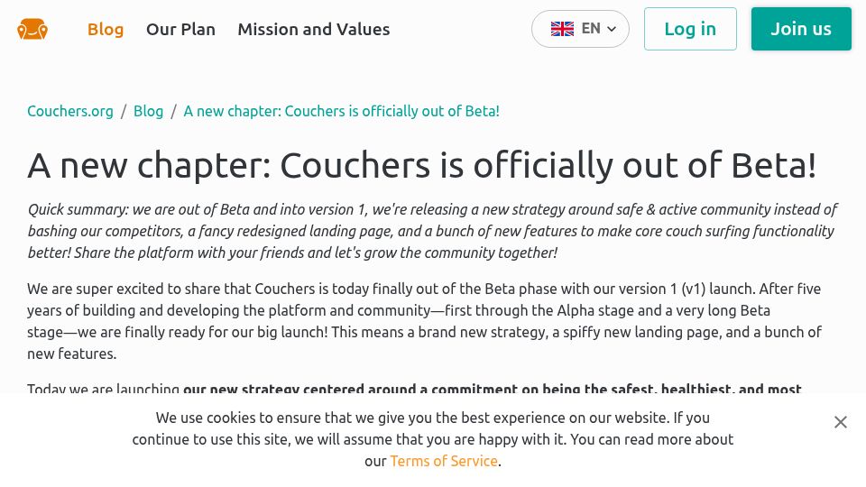 Screenshot of couchers.org: Couchers is officially out of beta