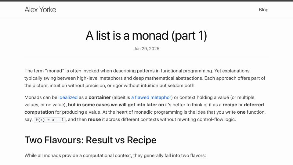 Screenshot of alexyorke.github.io: A list is a monad