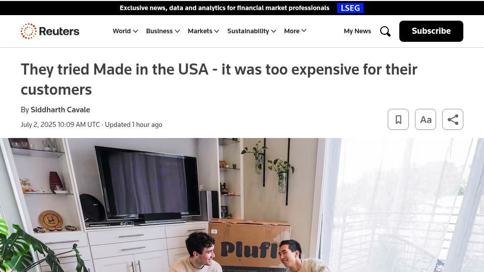 Screenshot of reuters.com: They tried Made in the USA – it was too expensive for their customers