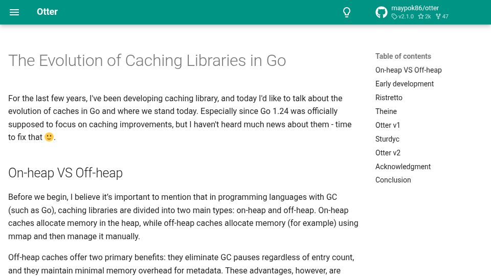 Screenshot of maypok86.github.io: The Evolution of Caching Libraries in Go
