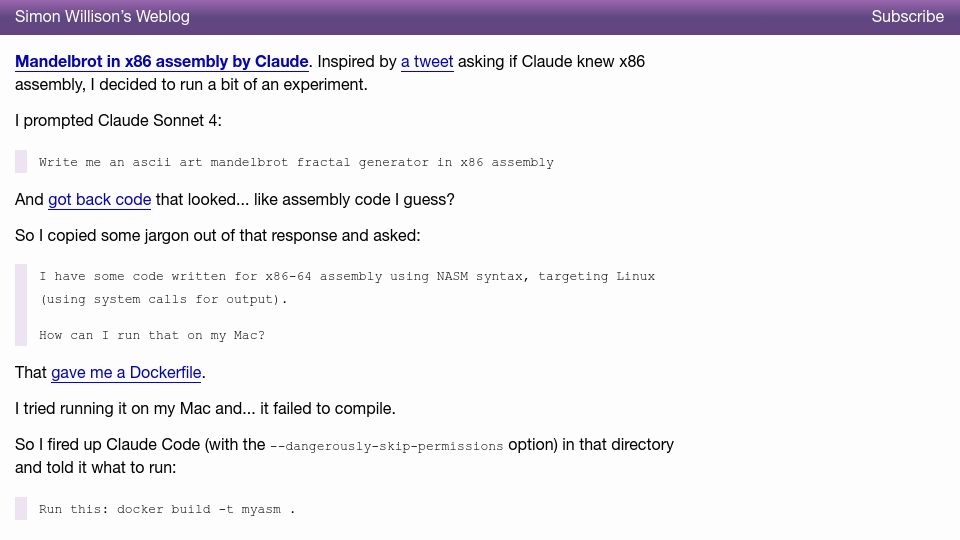 Screenshot of simonwillison.net: Mandelbrot in x86 Assembly by Claude