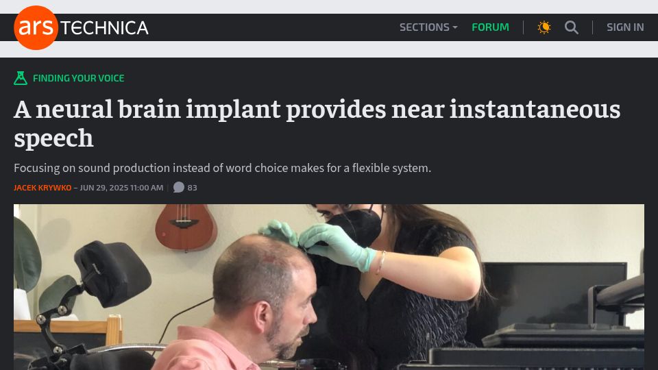 Screenshot of arstechnica.com: A proof-of-concept neural brain implant providing speech