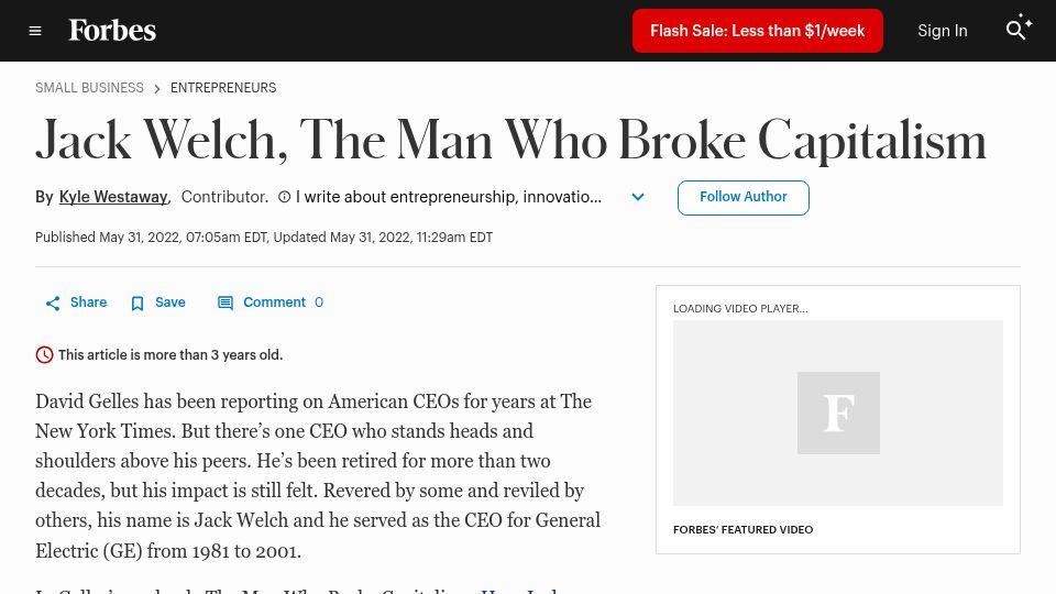 Screenshot of forbes.com: Jack Welch, the Man Who Broke Capitalism (2022)