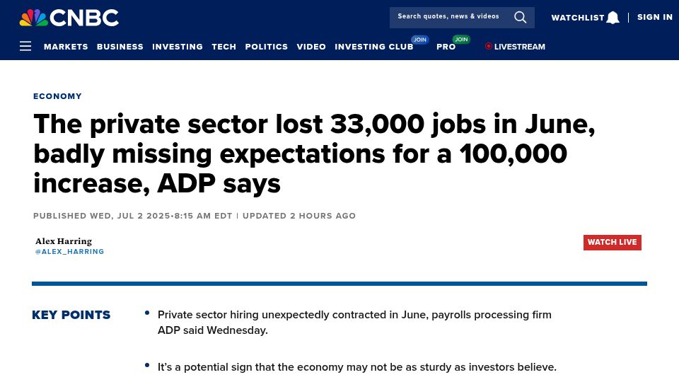 Screenshot of cnbc.com: Private sector lost 33k jobs, badly missing expectations of 100k increase
