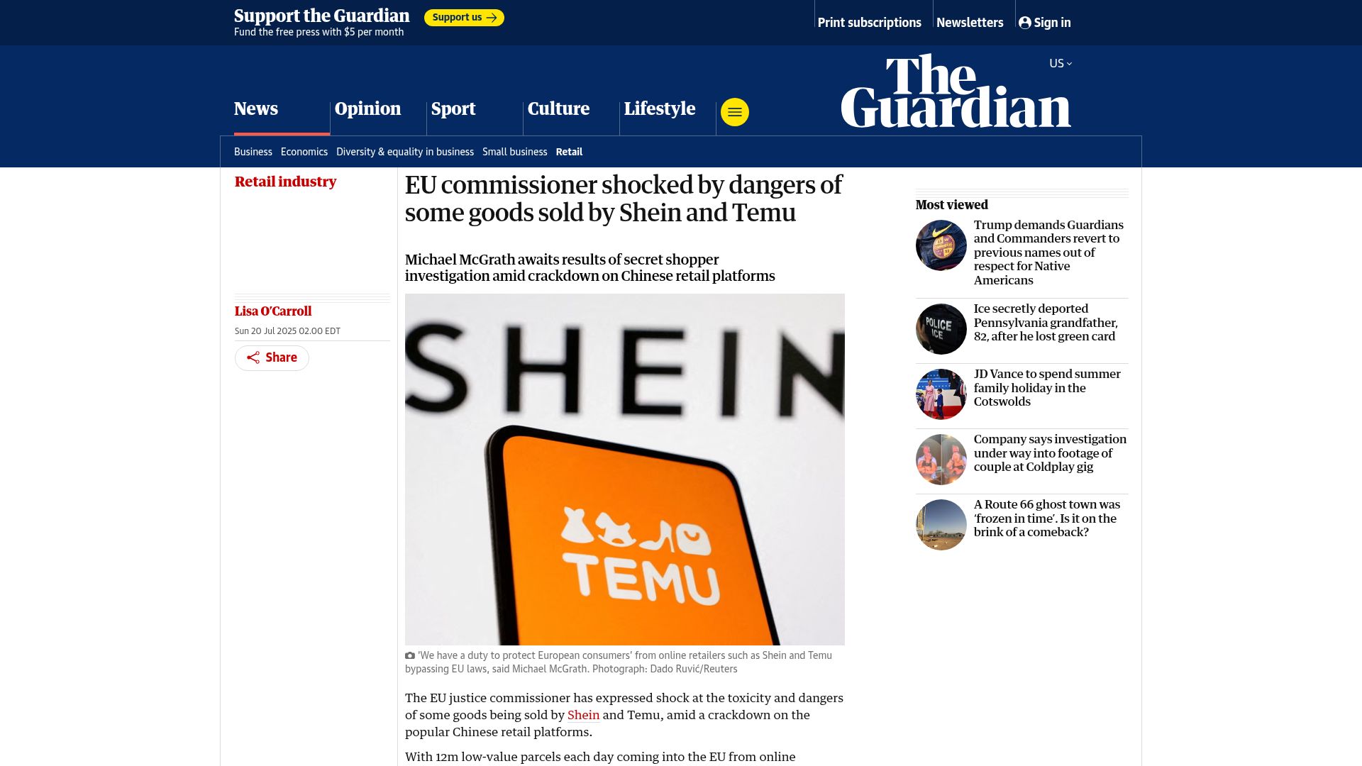 Screenshot of theguardian.com: EU commissioner shocked by dangers of some goods sold by Shein and Temu