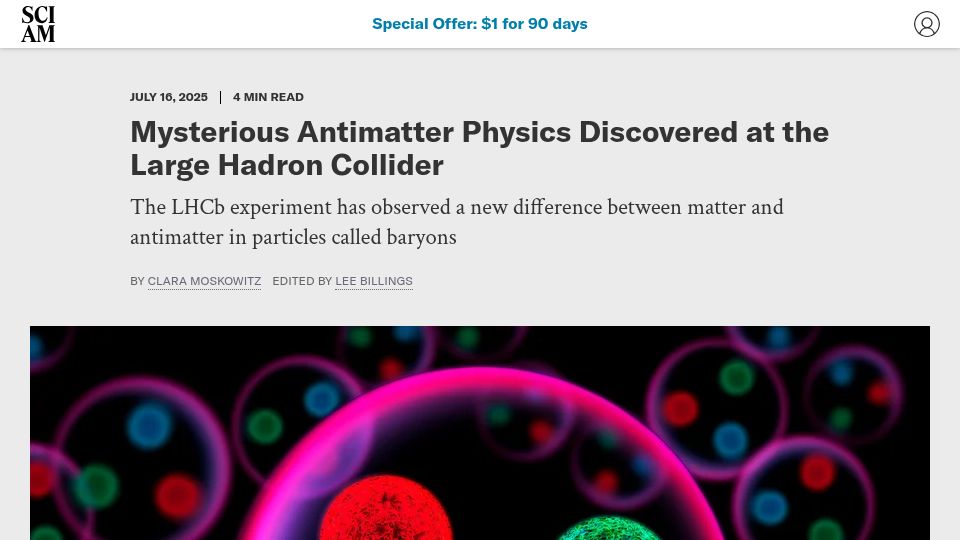 Screenshot of scientificamerican.com: New Antimatter Physics Discovered at the Large Hadron Collider