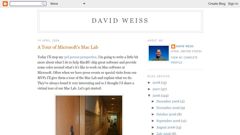 Screenshot of davidweiss.blogspot.com: A Tour of Microsoft's Mac Lab (2006)
