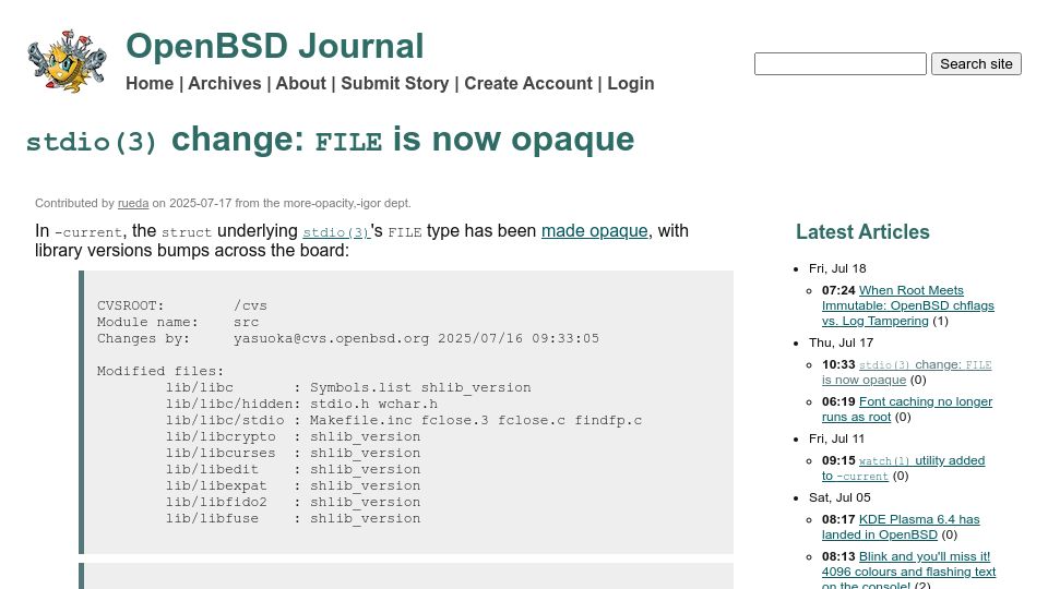Screenshot of undeadly.org: Stdio(3) change: FILE is now opaque