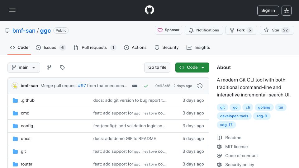 Screenshot of github.com: Show HN: ggc – A terminal-based Git CLI written in Go