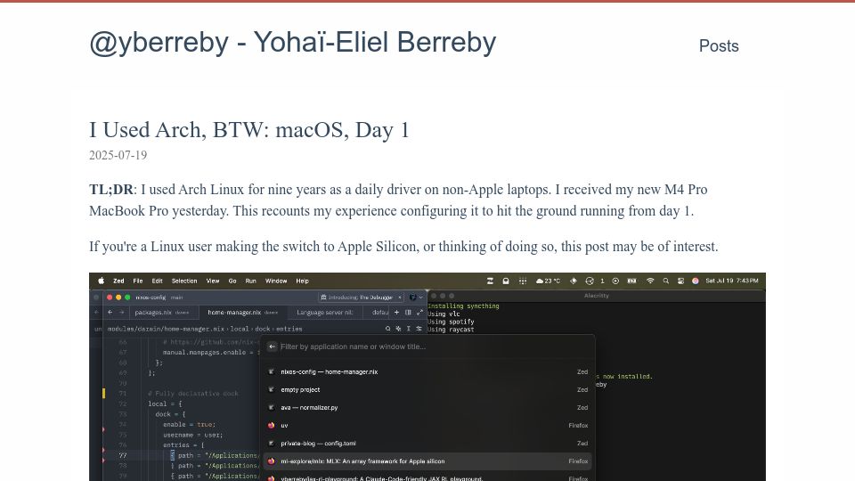 Screenshot of yberreby.com: I Used Arch, BTW: macOS, Day 1