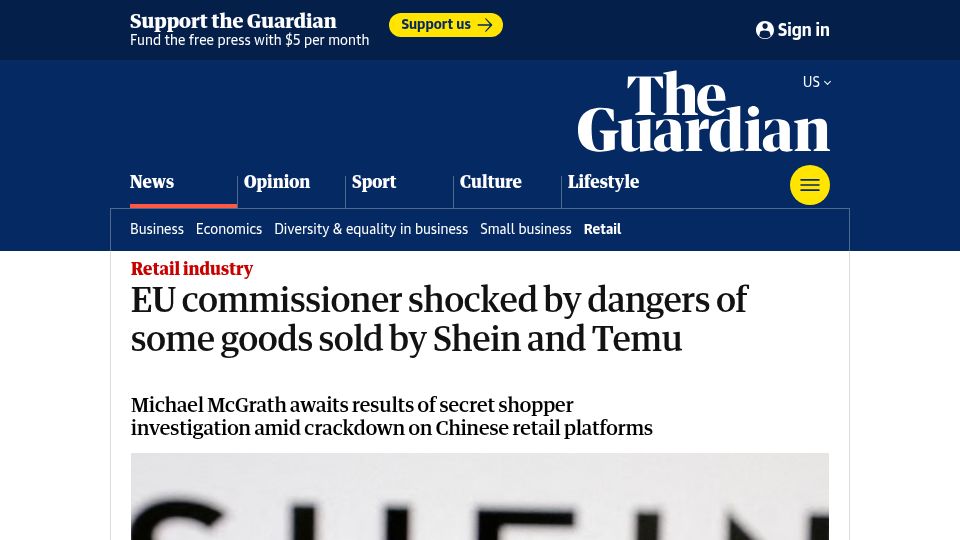 Screenshot of theguardian.com: EU commissioner shocked by dangers of some goods sold by Shein and Temu