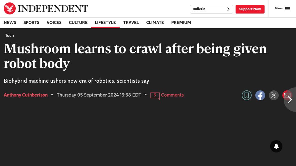 Screenshot of the-independent.com: Mushroom learns to crawl after being given robot body (2024)
