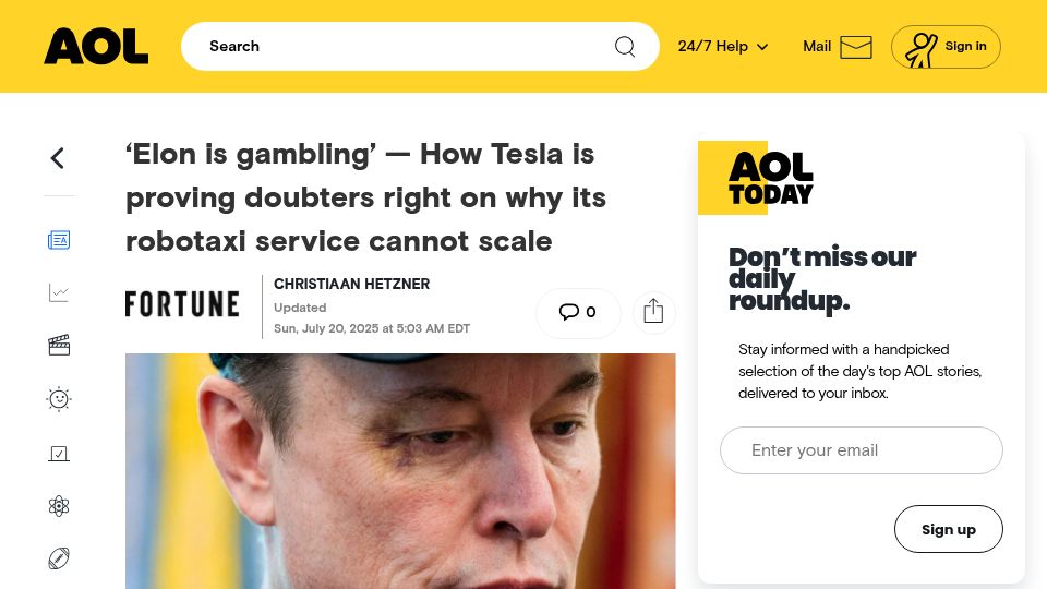 Screenshot of aol.com: How Tesla is proving doubters right on why its robotaxi service cannot scale