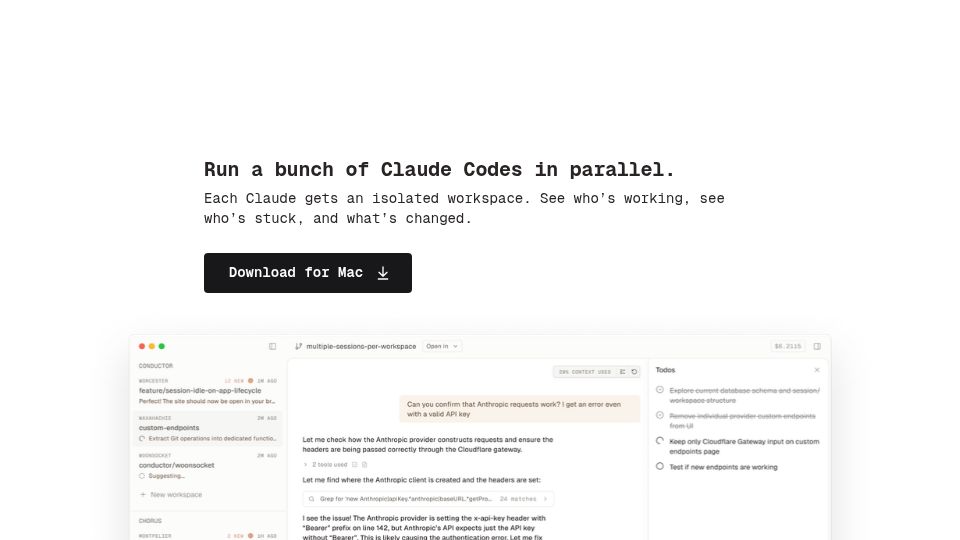 Screenshot of conductor.build: Show HN: Conductor, a Mac app that lets you run a bunch of Claude Codes at once