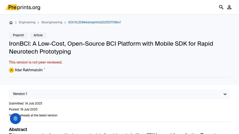 Screenshot of preprints.org: Open-Source BCI Platform with Mobile SDK for Rapid Neurotech Prototyping