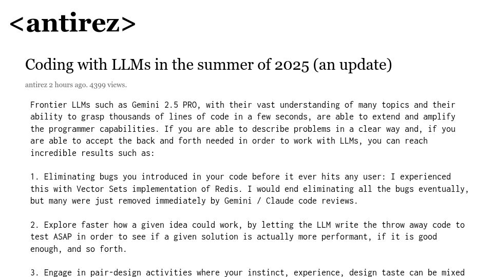 Screenshot of antirez.com: Coding with LLMs in the summer of 2025 – an update